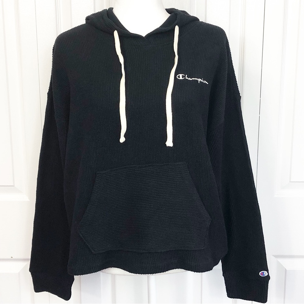 Champion Athleticwear Black Ribbed Knit Hoodie Sweatshirt Medium